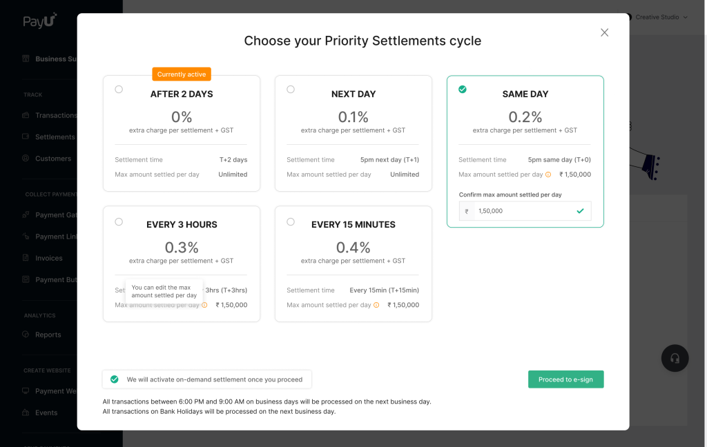 Step 2 to activate PayU Priority Settlements