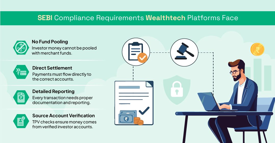 SEBI COMPLIANCE REQUIREMENTS WEALTHTECH PLATFORMS FACE: 
No Fund Pooling 
Investor money cannot be pooled with merchant funds. 
Direct Settlement 
Payments must flow directly to the correct accounts. 
Detailed Reporting 
Every transaction needs proper documentation and reporting. 
Source Account Verification 
TPV checks ensure money comes from verified investor accounts. 